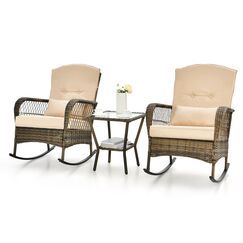 GIANTEX Balkonmöbel Schaukelstuhl Set, 3 TLG. Rattan Gartenmöbel Set 2 Schaukelstühle mit Tisch, Terassenmöbel Set Outdoor, inkl. Kissen, Balkon Möbel Kleiner Balkon für 2 Personen, Garten Sitzgruppe