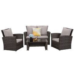 MeXo Balkonmöbel Set 4 Personen Kleiner Balkon, wetterfest pflegeleicht, Belastbarkeit pro Sitzplatz bis zur 140kg, Lounge Rattan Outdoor Grau