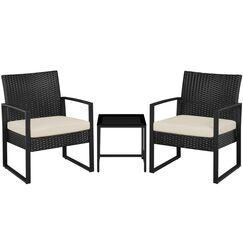 Yaheetech Balkonmöbel Set, Gartenmöbel-Set aus PE-Polyrattan Wetterfest inkl. 2 Stühle mit Sitzkissen & Tisch, 3 Teilig Terrassenmöbel Sitzgruppe Lounge Set für Balkon/Terrasse/Garten, Schwarz+Beige