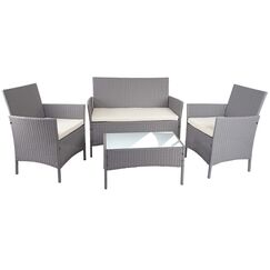 Mendler Poly-Rattan Garten-Garnitur HWC-D82, Sitzgruppe Lounge-Set - grau mit Kissen Creme