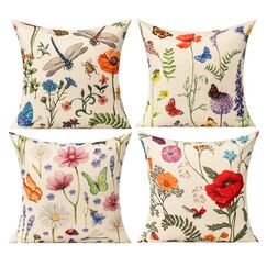 All Smiles Spring Outdoor Throw Pillow Covers Garden Flowers Farmhouse Outside Furniture Bench Decorative Cushion 16" X 16" Set of 4 for Patio Sofa Couch Chair,Butterfly Dragonfly Summer Decorations