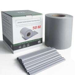 MERCEO Stabmattenzaun-Sichtschutzstreifen, PVC-Folie in Grau/Fenstergrau, 19 cm hoch, 50 m lang, inkl. 40 Befestigungsclips, Zubehör zur Verkleidung von Doppelstabmattenzäunen und Einzelstabmattenzäun