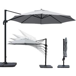 paramondo parapenda Sonnenschirm Ampelschirm aus 230 g/㎡ Polyesterfaser, Rund, Ø 3,5 m, 360° Schwenkbar, Kurbelbedienung, Grau, Stahl-Standkreuz und Gestell in Anthrazit, 20.6kg