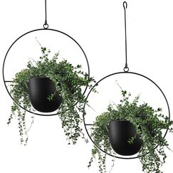 ABETREE VDYXEW Hängende Pflanzgefäße für Innen- und Außenpflanzen mit Haken aus Metall, moderner Wand- und Deckenpflanzer, minimalistischer Blumentopf, Hänger für Heimdekoration, schwarz (2 Stück)