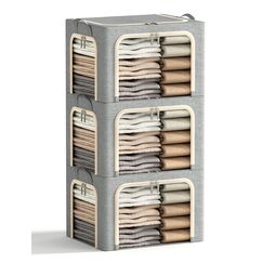 Furnhome 3er Pack Modern Hellgrau 40L Leinen Kleidung Aufbewahrungsbehälter mit Metallrahmen Faltbar Stapelbar Klares Fenster 42.0 x 32.0 x 30.0 cm