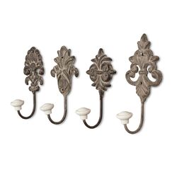 4tlg. Haken 4er Set Wandhaken antikbraun grau Kleiderhaken Haken Wandgarderobe Garderobenhaken Garderobe Metall Shabby Chic Landhaus Vintage Nostalgie Antik Ornamente Barock