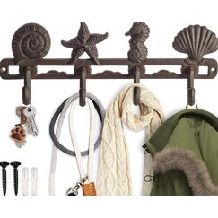 Comfify Vintage Seashell Kleiderhaken, rustikal, Gusseisen, Wandaufhänger mit 4 dekorativen Haken – inklusive Schrauben und Dübeln – Strandhaus-Dekor – Braun