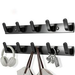 TINIFO Kleiderhaken Hakenleiste Wand, 2 Stück 5 Haken Garderobenhaken Wandgarderobe Aluminium, Modern Wandhaken für Küche, Bad, Balkon（Schwarz）