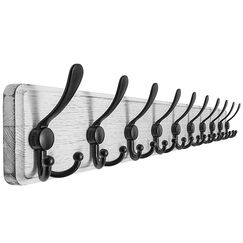 Dseap Garderobe, Garderobenleiste, 97cm Lang Robust Hakenleiste Holz mit 10 Dreifachhaken, Garderobenhaken Wand, Kleiderhaken für Mantel Kleidung Hut Jacken Schals,Weiß