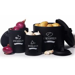 Theo&Cleo Kartoffel Vorratsdosen Set, Kartoffeltopf im Retro Design Zwiebeltopf, Großer Vorratsbehälter aus Metall, Küche Aufbewahrung, Kann Kartoffeln für eine lange Zeit lagern (Schwarz-Set)