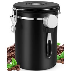 ZWOOS Kaffeedose Luftdicht 1kg - Kaffeebohnen Behälter aus Edelstahl mit CO2-Ventil - mit Messlöffel (2,8 L Schwarz), 3321922