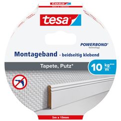 tesa Montageband Tapete&Putz, 10 kg Haltekraft pro Meter - starkes, doppelseitiges Montageklebeband zur Befestigung auf Gips und Tapeten - 5 m x 19 mm