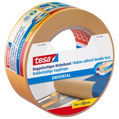 tesa Doppelseitiges Klebeband Universal - Vielseitiges Klebeband für Verpackungen, Deko und Teppiche oder zum Basteln - 25 m x 50 mm