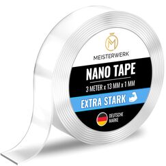 MEISTERWERK - Doppelseitiges Nano-Klebeband [EXTRA STARK] - Klebstofffrei & Spurlos dank Gecko-Effekt I Rutschfest - Waschbar & Wiederverwendbar