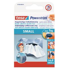 tesa Powerstrips Klein, selbstklebende Streifen – doppelseitige Streifen geeignet für flache und glatte Oberflächen – hält Objekte bis 1 kg – 14 Stück Powerstrips