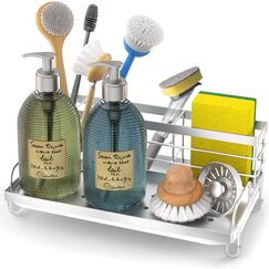 Cisily Moderner silberner Spülbecken-Caddy aus Edelstahl, Spülbecken-Organizer mit 5 Fächern, Schwammhalter, Ablaufsystem