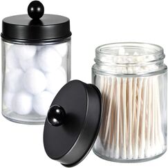 Apothekergläser Badezimmer-Aufbewahrungs-Organizer – niedlicher Qtip Spenderhalter, Kosmetikbehälter, Glas mit Deckel für Wattestäbchen, rund, Badesalz, Make-up-Schwämme, Haar-Accessoires, Schwarz, 2