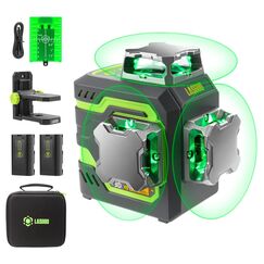 LasGoo LG-3D Linienlaser Selbstnivellierend 3x360&deg;, Kreuzlinienlaser mit gr&uuml;nem Strahl f&uuml;r Konstruktion und Ausrichtung, 2 wiederaufladbare Li-Ion-Akkus (20 Std.), Magnetst&auml;nder inklusive (Gr&uuml;n)