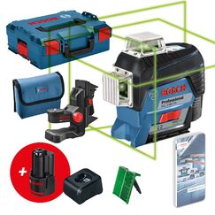 Bosch Professional 12V System Linienlaser GLL 3-80 CG (2x Akku 12 V, Ladeger&auml;t, gr&uuml;ner Laser, mit App-Funktion, Universalhalterung, Arbeitsbereich: bis 30 m, in L-BOXX) &ndash; Amazon Exclusive Set