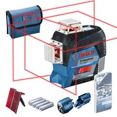 Bosch Professional Linienlaser GLL 3-80 C (m. App-Funktion, roter Laser, Innenbereich, max. Arbeitsbereich: 30 m, 4x AA Batterie, Tasche, in Karton)