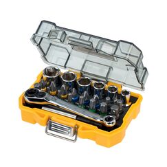 DEWALT 24-tlgs. Schrauber Bit- und Ratschen Set (1x Ratsche, 15x 25 mm Bits, 6x Steckschl&uuml;ssel, 1x Bithalter, 1x Adapter, robustes Tough Case mit transparentem Deckel), DT71516-QZ