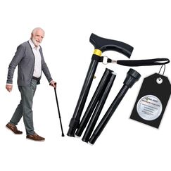 TIGA-MED Gehstock faltbar aus Aluminium &ndash; h&ouml;henverstellbar 83&ndash;92 cm, ergonomischer Griff, Ultraleicht 300 g, Rutschfester Gummifu&szlig;, inkl. Etui &ndash; Schwarz mit Holzgriff