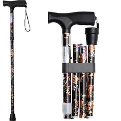 iCatchy Flexibler Gehstock, einfach h&ouml;henverstellbar, zusammenklappbar, ausziehbar, Mobilit&auml;tshilfe, zusammenklappbar, f&uuml;r Unisex, UKCA-genehmigt (schwarze Blume)