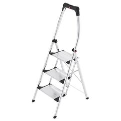 Hailo K100 Topline Alu-Klapptritt-Leiter - 3 extra gro&szlig;e Stufen bis 150kg - Komfort-Trittleiter mit hochgeschwungenem Sicherheitsb&uuml;gel & Ablageschale - F&uuml;&szlig;e mit Soft-Grip-Sohle - rostfrei - Silber