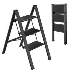 TLGREEN Alu Trittleiter 3-Stufen-Leiter Klappleiter Rostfeste rutschfeste Stehleiter Haushaltsleiter Multifunktionale Tritthocker Licht Platzsparend bis 150kg Belastbar f&uuml;r K&uuml;chen Haushalt Au&szlig;en B&uuml;ro