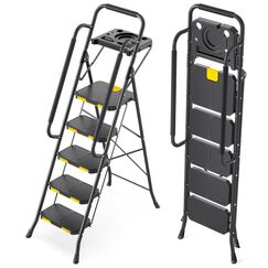 KINGRACK Leiter 5 Stufen mit Werkzeugplattform, trittleiter 5 Stufen klappbar mit Handl&auml;ufen, stabile Stahlleiter mit breitem Pedal, tragbare Sicherheitsleiter f&uuml;r Erwachsene Malerei Haus