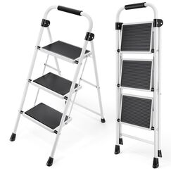 KINGRACK 3 Stufen Leiter, Trittleiter mit Handl&auml;ufen, Stufenleiter, Klappleiter Tritthocker, Klapptritthocker f&uuml;r Erwachsene mit Griff, Haushaltsleiter Anti-Rutsch-stabilem und breitem Pedal, wei&szlig;