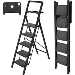 HBTower Trittleiter 5 Stufen Klappbar, Leiter 5 Stufen,stufenleiter,Leiter mit breitem Anti-Rutsch-Pedal, Tritthocker, Tritthocker mit 150kg Kapazit&auml;t,Schwarz