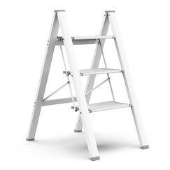 HBTower 3-Stufen-Leiter, Aluminium Trittleiter mit Breitem Anti-Rutsch-Pedal, 150kg Kapazit&auml;t Leiter, Tragbarer Klapptrittleiter f&uuml;r Haushaltsb&uuml;ro, Wei&szlig;