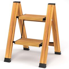 KULACO Klapptritt, Trittleiter 2 Stufen Klappbar, Aluminium Klappleiter, Tragbare Stufenleiter, Rutschfeste Haushaltsleiter bis 150 kg, Multifunktionsleiter Holzmaserung Design f&uuml;r K&uuml;che, Bad, Camping