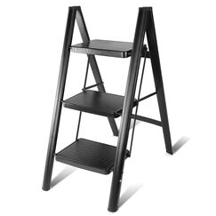 Teenza 3-Stufen-Leiter, praktische Klappleiter, breite Stufen, als Regal verwendbar, 150 kg Belastung, schwarz
