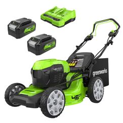 Greenworks Selbstfahrender Akku Rasenm&auml;her 48V (24V x 2) bis zu 480m&sup2;, 46cm Schnittbreite, 55L Sack Rasenm&auml;her Elektro Plus Zwei 4Ah-Akkus und Doppelladeger&auml;t,3 Jahre Garantie,GD24X2LM46SPK4X