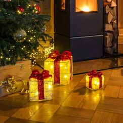 LED Geschenkboxen mit Timer 3er Set - ROT - Weihnachts Dekoboxen warm wei&szlig; beleuchtet - Weihnachten Advent Winter Christbaum Deko Beleuchtung Batterie betrieben