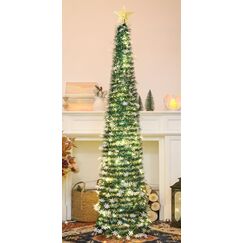 HMASYO 150 cm Pop-Up Lametta Weihnachtsbaum mit 50 Timer-Lichtern, Pfauengr&uuml;n Zusammenklappbarer K&uuml;nstlich Schlanken Weihnachtsbaum f&uuml;r den Innenbereich, Zuhause Wohnung Kamin mit Festdekoration