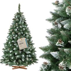 FairyTrees Weihnachtsbaum k&uuml;nstlich 180cm Kiefer mit Christbaum Holzst&auml;nder | Tannenbaum k&uuml;nstlich mit Natur-Weiss beschneit | Made in EU