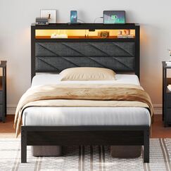 Seventable Bett 90x200 mit LED, Ladestation (2 USB-Anschl&uuml;sse & 1 Typ-C-Anschluss), Metallbett mit Gepolstertem Kopfteil & Stauraum, perfekt f&uuml;r Kinderzimmer, Jugendzimmer
