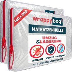 WRAPPYBAG &ndash; Schutzh&uuml;lle aus Kunststoff f&uuml;r Matratzen &ndash; 5 Gr&ouml;&szlig;en erh&auml;ltlich &ndash; wasserdichte und rei&szlig;feste Aufbewahrungstasche &ndash; F&uuml;r Umzug, Lagerung & Transport - 160x200 Pack von 2