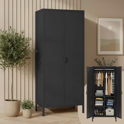 sk&oslash;lm Ituri Metallschrank Schwarz &ndash; Kleiderschrank mit 6 F&auml;chern & 2 Kleiderstangen &ndash; Garderobenschrank Flur 80 cm breit &ndash; Schlafzimmerschrank Industrial Style &ndash; Stahlschrank f&uuml;r Wohnzimmer & B&uuml;ro