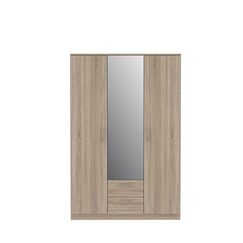 FORTE NIKO Schrank 120 130, Kleiderschrank mit Spiegel, Dreht&uuml;renschrank Skandinavisch 3-t&uuml;rig, mit 2 Schubladen, Einlegeb&ouml;den und Kleiderstange, Sonoma Eiche, 123 cm breit x 185 cm hoch x 53 cm tief