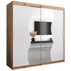 KRYSPOL Schwebet&uuml;renschrank Madryt 200 cm mit Spiegel Kleiderschrank mit Kleiderstange und Einlegeboden Schlafzimmer- Wohnzimmerschrank Schiebet&uuml;ren Modern Design (Artisan Eiche + Wei&szlig;)