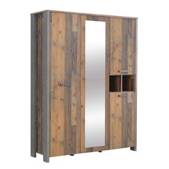 FORTE CLIF Schrank 150 160, Kleiderschrank mit Spiegel Industrial Vintage Schlafzimmerschrank 4-t&uuml;rig Holzdekor: Old &ndash; Wood Vintage / Betonoptik Dunkelgrau, 156 cm breit x 205 cm hoch x 52 cm tief