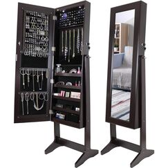 Greenco Free Standing Jewelry Organizer Armoire with Large Mirror and Led Lights, Lockable, Espresso