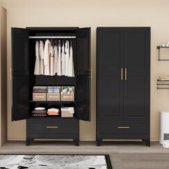 180.3 cm H Metal Armoire Wardrobe Closet, Adjustable Shelve, Clothes Metal Wardrobe Cabinet for Bedroom (1 Drawer, Black)