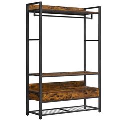 VASAGLE Kleiderschrank offen, Kleiderst&auml;nder, Garderobe mit Stange, 2 Schubladen, Gitterablage, f&uuml;r Schlafzimmer, Ankleidezimmer, 120 x 40 x 180 cm, Industrie-Design, vintagebraun-schwarz RGR002B01