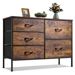 WLIVE Kommode mit 5 Schubladen aus Stoff, Kommodenschrank f&uuml;r Schlafzimmer, Kommode Wohnzimmer, mit Stabiler Stahlrahmen und Holzplatte, Vintagebraun