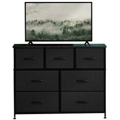 DUMOS Kommode f&uuml;r Schlafzimmer mit 7 Stoffschubladen hohe Kommode Organizer f&uuml;r Kleidung Schrank Kinderzimmer Aufbewahrungsturm mit Schrank Metallrahmen Holzplatte leichte Kinderzimmerm&ouml;bel